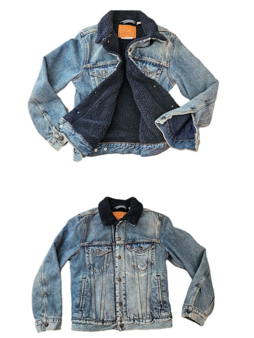 XS Levi's Unisex Denim Trucker Jacket with Dark Navy Sherpa Lining